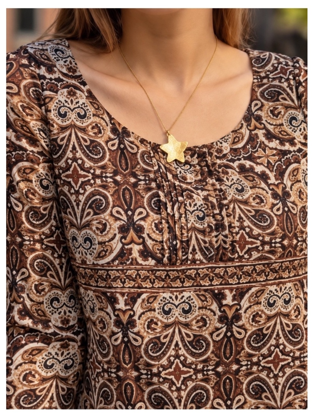 AXCESS Long Sleeved Lined Boho Top w/ Pleat Detail Brown/Cream Paisley LG